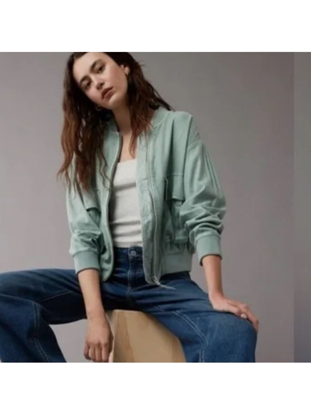 American Eagle-Linen-Blend Cropped Bomber Jacket-Size Small-Moss Grey - Picture 2 of 9
